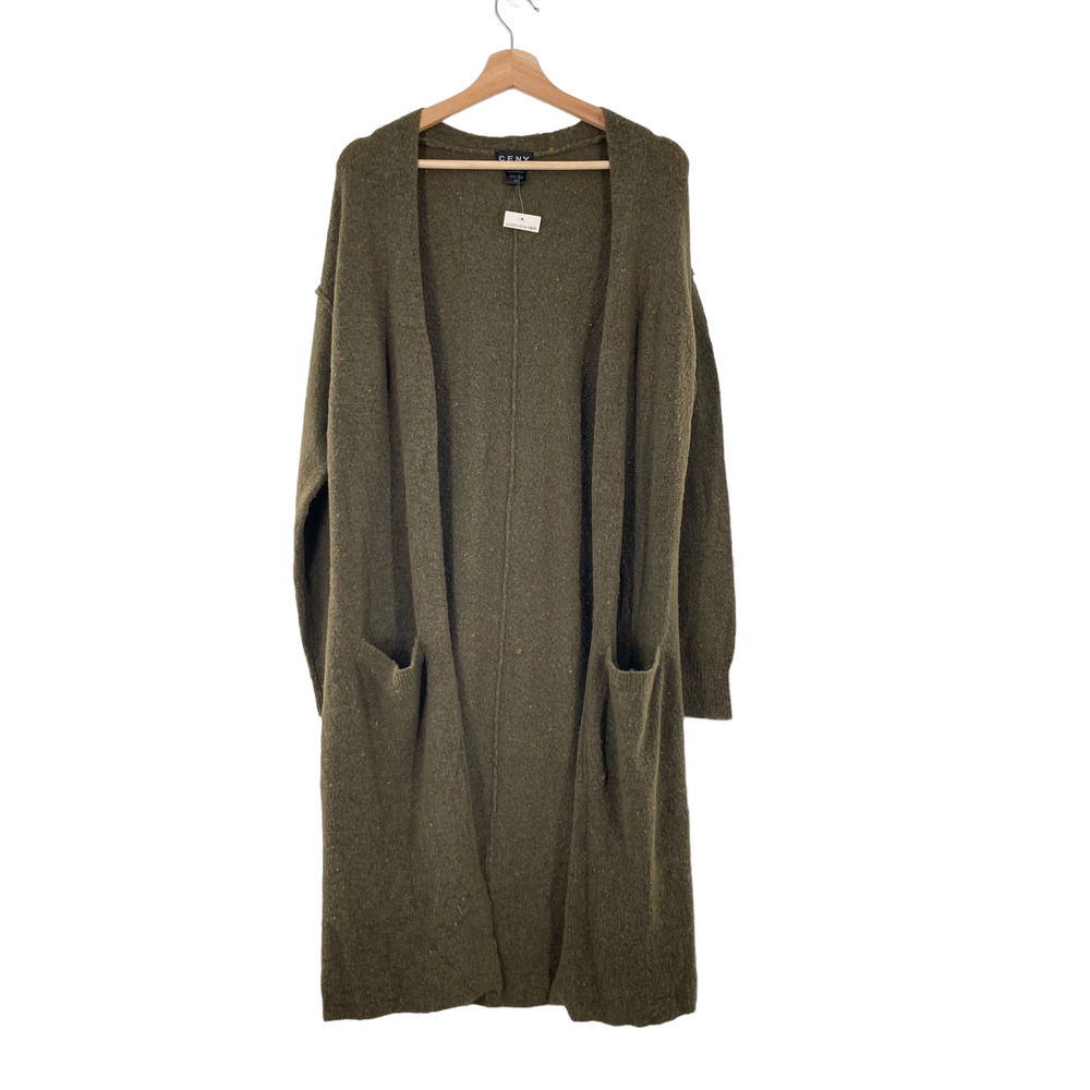 CENY Nordstrom Flecked Knit Long Line Sweater Pocket in Army Green